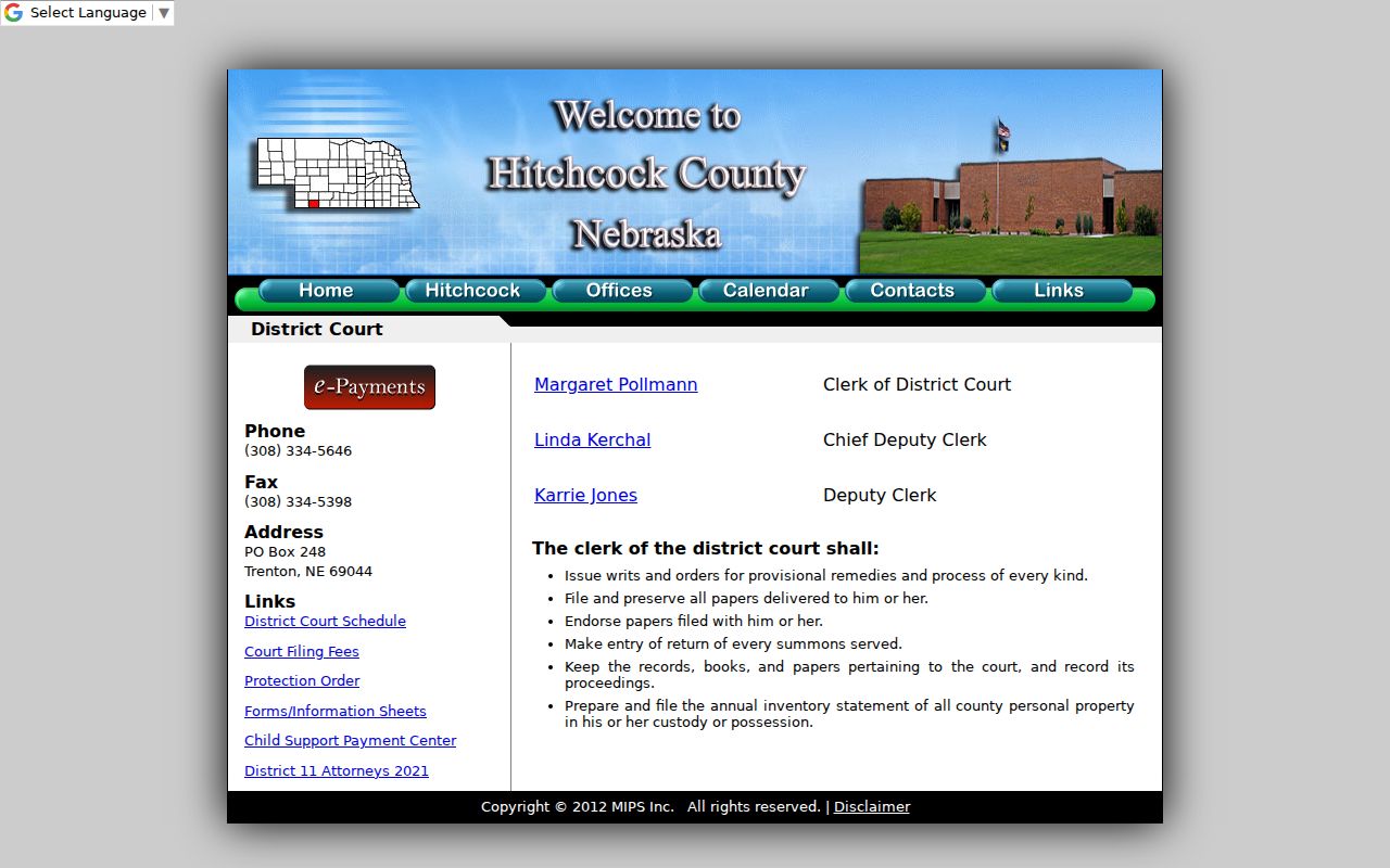 Hitchcock County warrant search District Court page